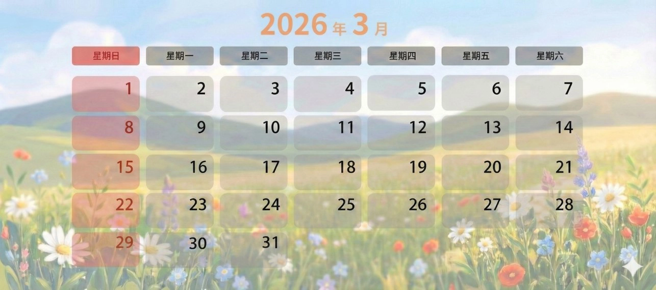 2026年 3月上班日曆